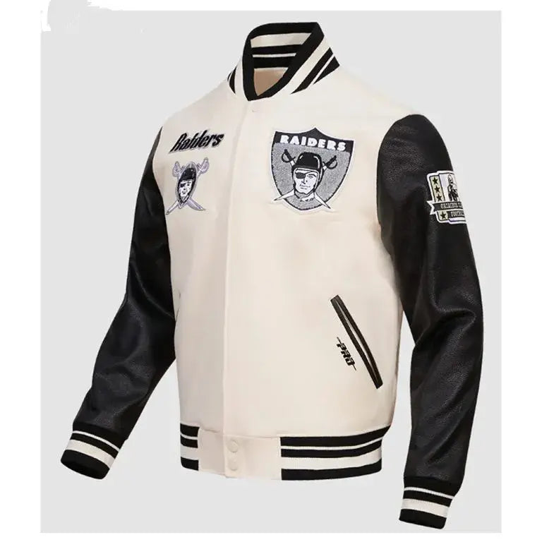 Los Vegas Raiders Retro Classic Rib Off-White Wool and Black Genuine Leather Sleeves Men's Varsity Letterman Jacket