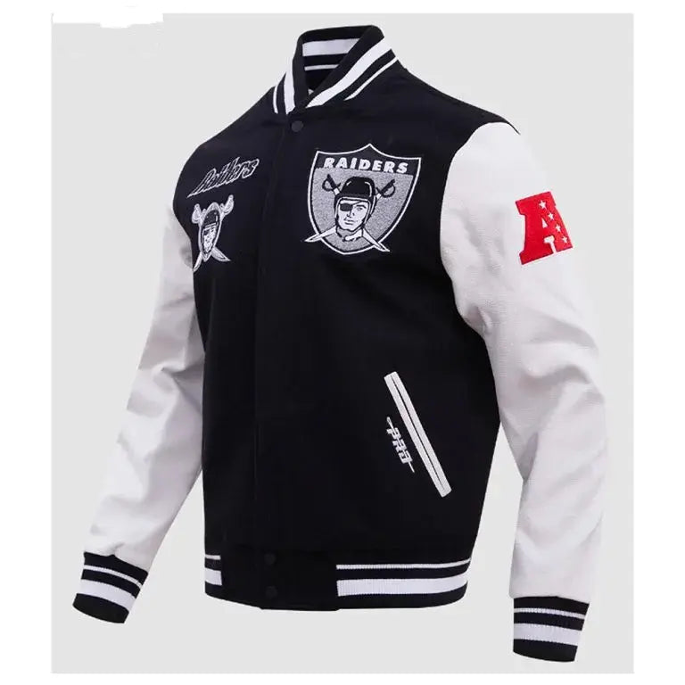 Los Vegas Raiders Retro Classic Rib Black Wool and White Genuine Leather Sleeves Men's Varsity Letterman Jacket