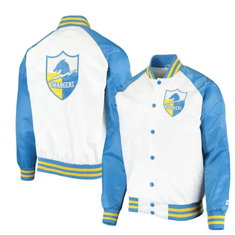 Los Angeles Chargers Renegade Throwback Full-Snap Varsity White and Powder Blue Satin Men's Bomber Jacket