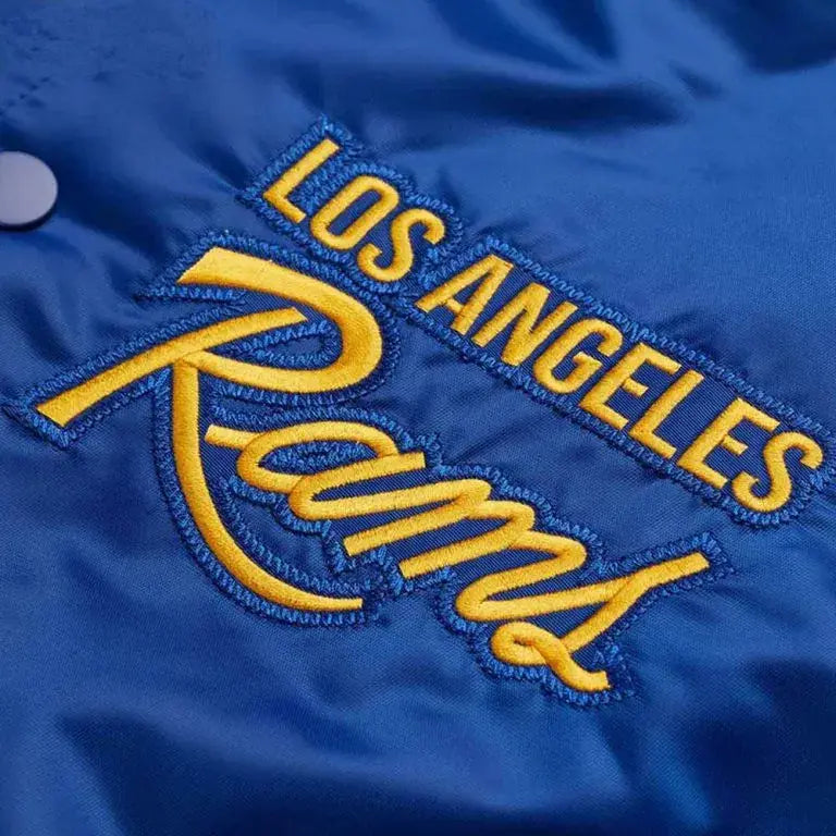 90’s Los Angeles Rams Full-Snap Varsity Royal Blue Satin Men's Bomber Jacket