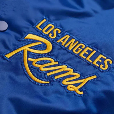 90’s Los Angeles Rams Full-Snap Varsity Royal Blue Satin Men's Bomber Jacket