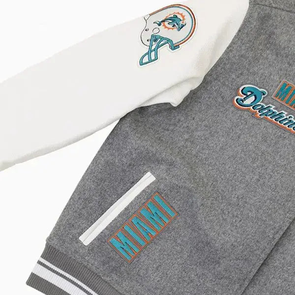 Miami Dolphins Gray Wool and White Genuine Leather Sleeves Men's Varsity Letterman Jacket