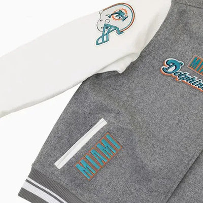 Miami Dolphins Gray Wool and White Genuine Leather Sleeves Men's Varsity Letterman Jacket