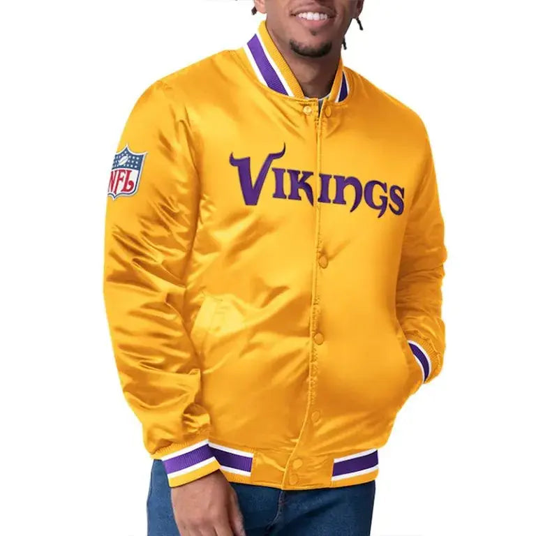 Minnesota Vikings Closer Full-Snap Varsity Gold Satin Men's Bomber Jacket