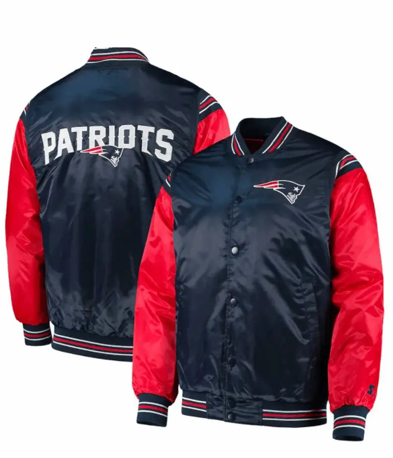 New England Patriots Full-Snap Varsity Red and Navy Blue Satin Men's Bomber Jacket