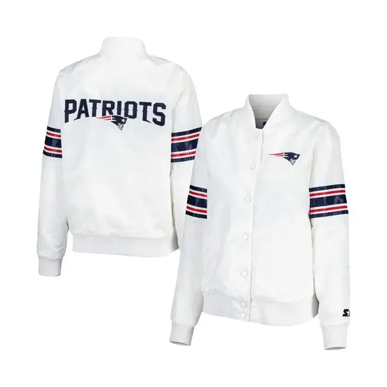 New England Patriots The Power Forward Full-Snap Varsity White Satin Men's Bomber Jacket
