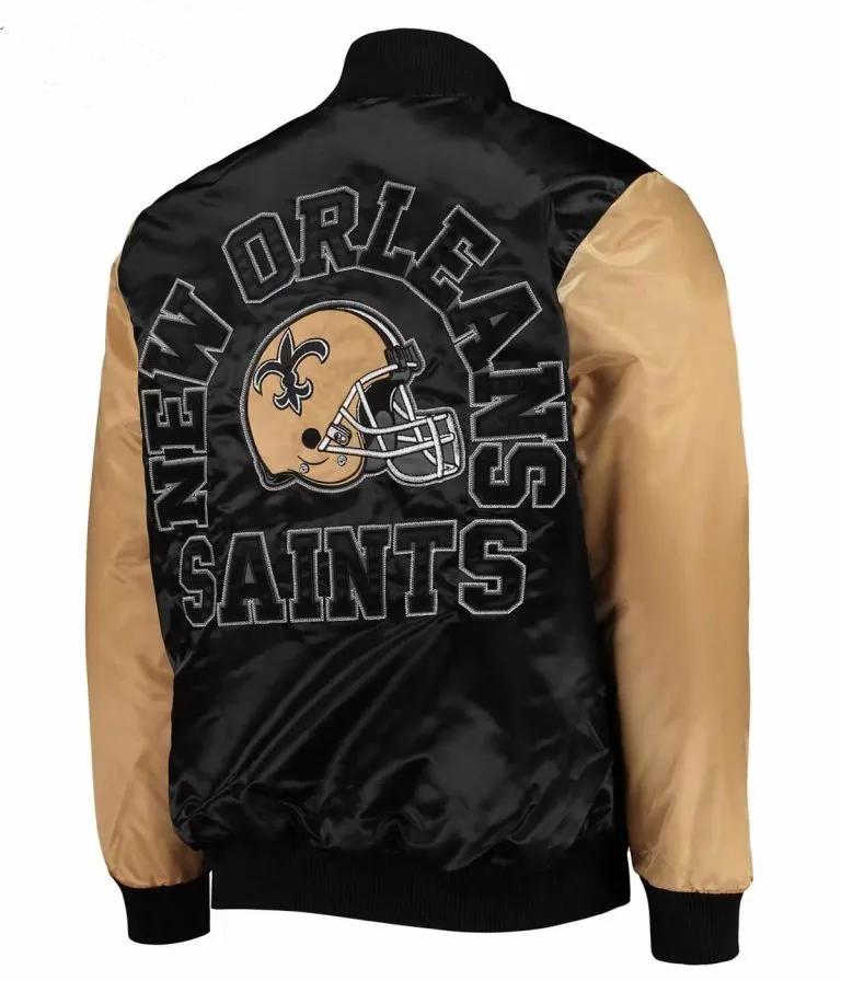 New Orleans Saints Throwback Full-Snap Varsity Black and Brown Satin Men's Bomber Jacket