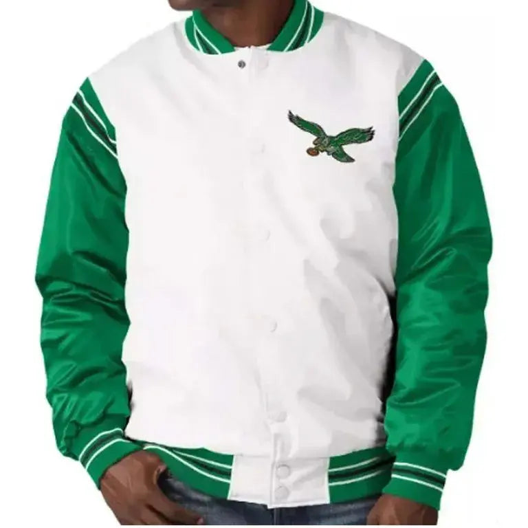 Philadelphia Eagles Renegade Logo Full-Snap Varsity Green and White Satin Men's Bomber Jacket