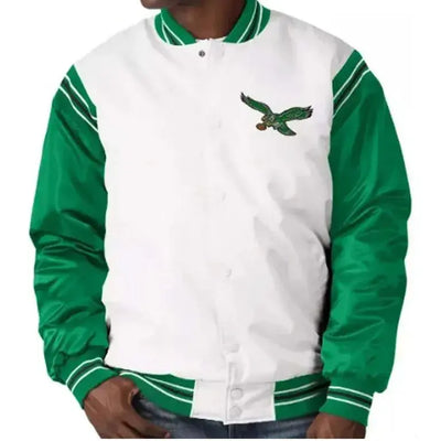 Philadelphia Eagles Renegade Logo Full-Snap Varsity Green and White Satin Men's Bomber Jacket