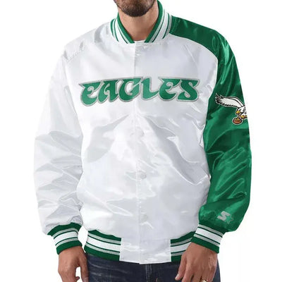 Philadelphia Eagles Renegade Logo Full-Snap Varsity Green and White Satin Men's Bomber Jacket