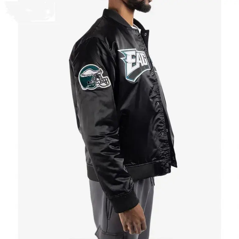 Philadelphia Eagles Big Logo Full-Snap Varsity Black Satin Men's Bomber Jacket
