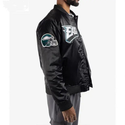 Philadelphia Eagles Big Logo Full-Snap Varsity Black Satin Men's Bomber Jacket