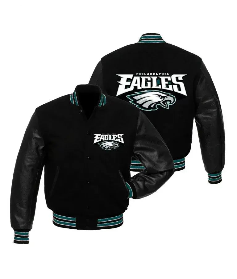 Philadelphia Eagles Black Wool & Genuine Leather Sleeves Men's Varsity Letterman Jacket