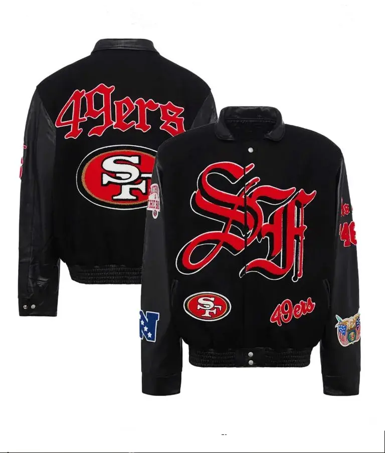 JH San Francisco 49ers Black Wool & Genuine Leather Sleeves Men's Varsity Letterman Jacket