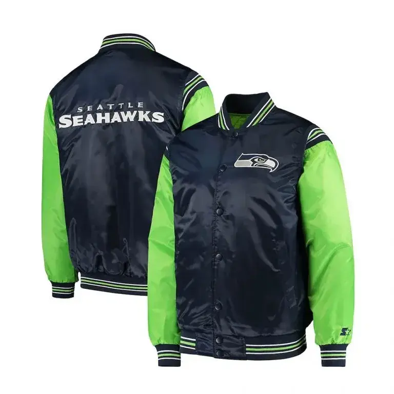 Seattle Seahawks Full-Snap Varsity White & Neon Green Satin Men's Bomber Jacket