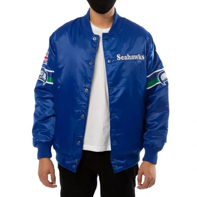 80s Seattle Seahawks Full-Snap Varsity Royal Blue Satin Men's Bomber Jacket