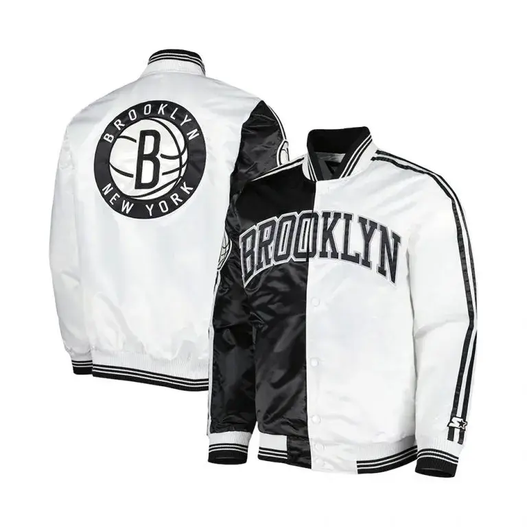 Brooklyn Nets Fast Break Full-Snap Varsity Black and White Satin Men's Bomber Jacket