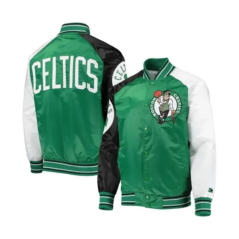 Boston Celtics Reliever Full-Snap Varsity Kelly Green/Black Satin Men's Bomber Jacket