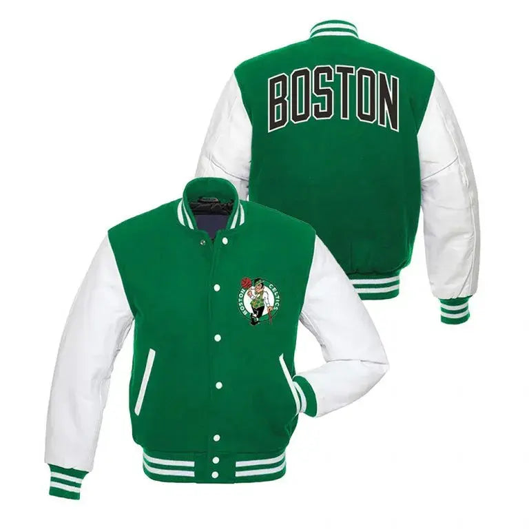Boston Celtics Green Wool & White Genuine Leather Sleeves Men's Varsity Letterman Jacket