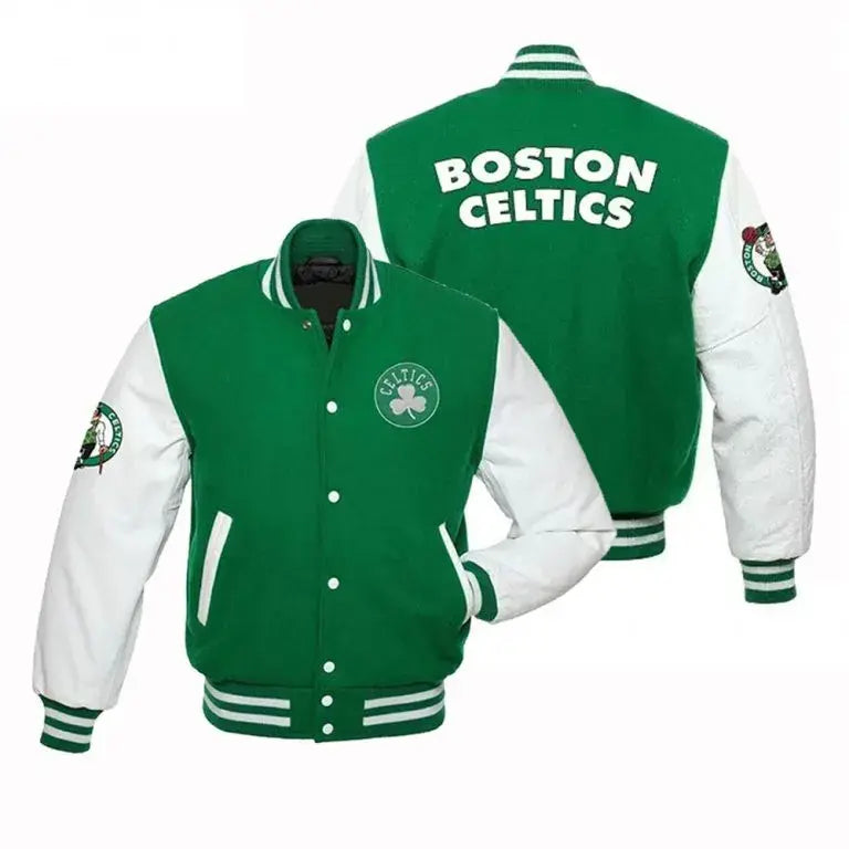 Boston Celtics Green Wool & White Genuine Leather Sleeves Men's Varsity Letterman Jacket