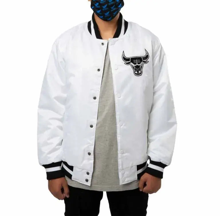 Chicago Bulls Full-Snap Varsity White Satin Men's Bomber Jacket
