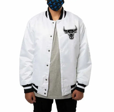 Chicago Bulls Full-Snap Varsity White Satin Men's Bomber Jacket