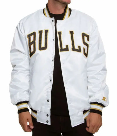 Chicago Bulls Full-Snap Varsity White Satin Men's Bomber Jacket