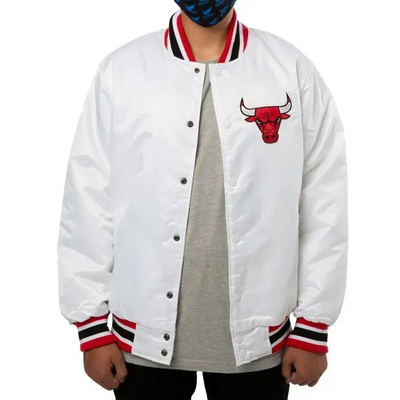 Chicago Bulls Full-Snap Varsity White Satin Men's Bomber Jacket
