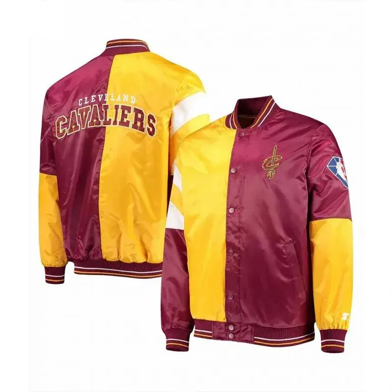 Cleveland Cavaliers Leader Full-Snap Varsity Burgundy and Yellow Satin Men's Bomber Jacket