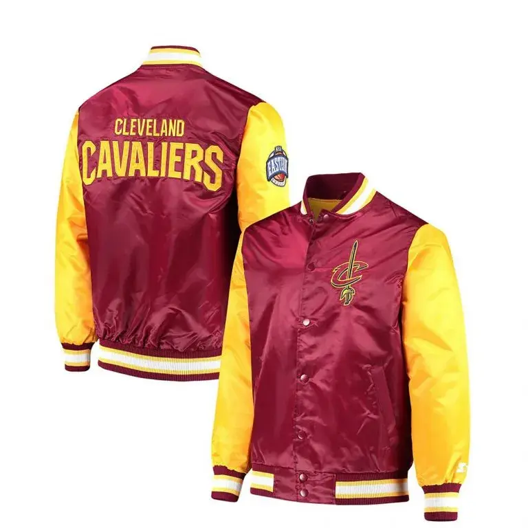 Cleveland Cavaliers Leader Full-Snap Varsity Burgundy and Yellow Satin Men's Bomber Jacket