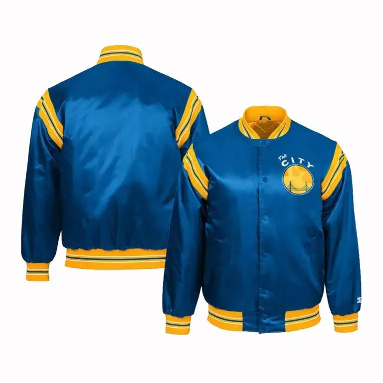 Golden State Warriors Throwback Full-Snap Varsity Royal Blue Satin Men's Bomber Jacket