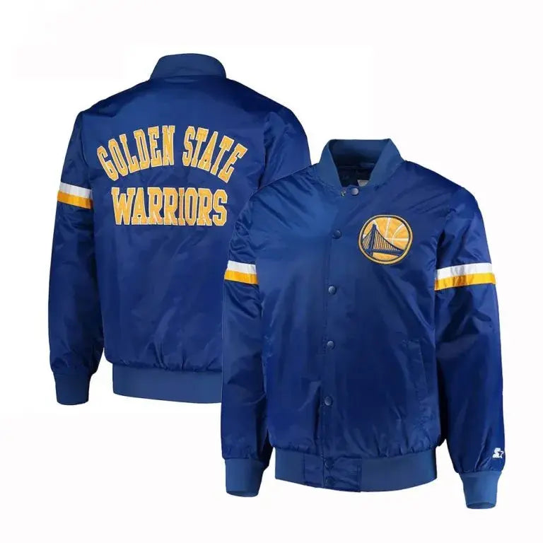 Golden State Warriors Throwback Full-Snap Varsity Royal Blue Satin Men's Bomber Jacket