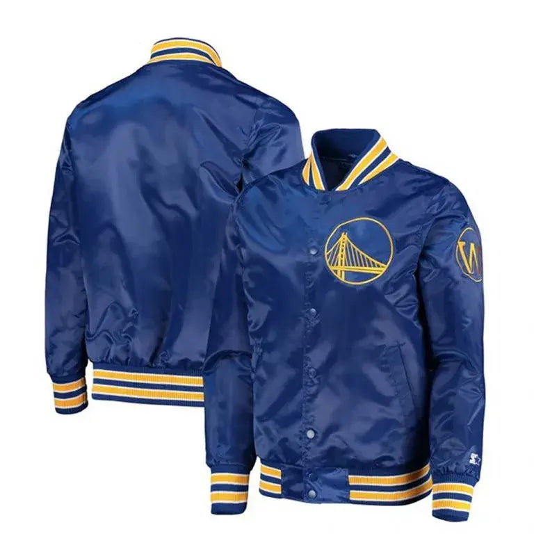 Golden State Warriors Throwback Full-Snap Varsity Royal Blue Satin Men's Bomber Jacket