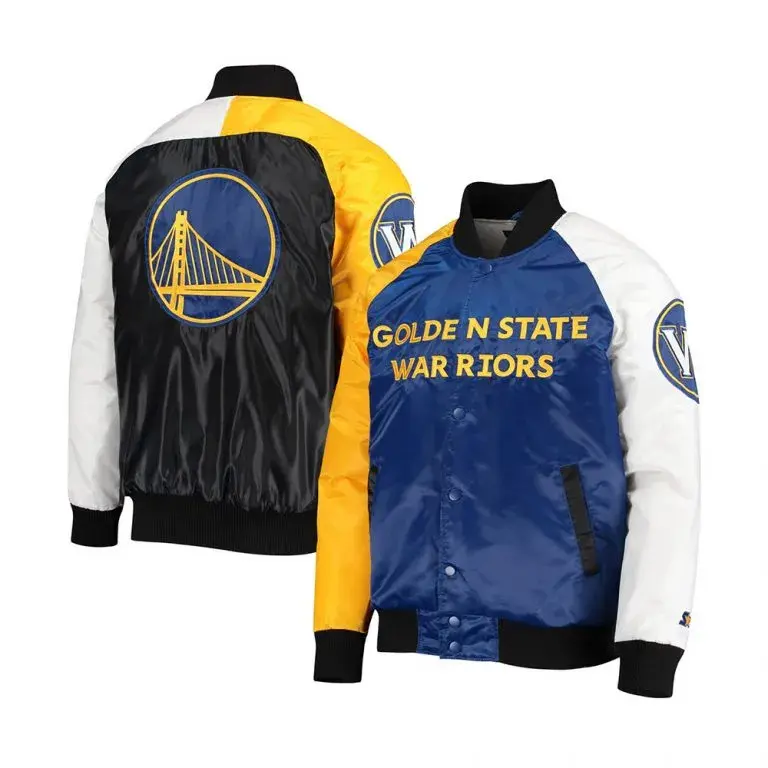Golden State Warriors Full-Snap Varsity Tri-Color Satin Men's Bomber Jacket