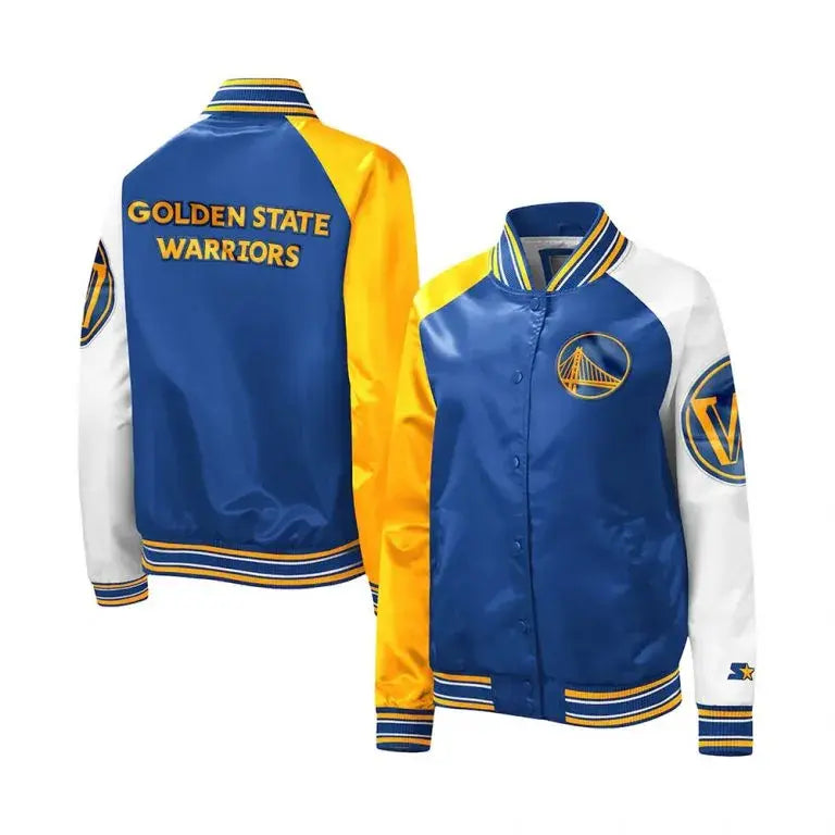 Golden State Warriors Full-Snap Varsity Tri-Color Satin Men's Bomber Jacket