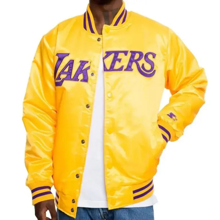 Los Angeles Lakers Full-Snap Varsity Yellow Satin Men's Bomber Jacket
