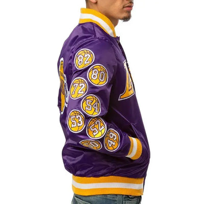 Los Angeles Lakers Champs 17 Patches Full-Snap Varsity Purple Satin Men's Bomber Jacket