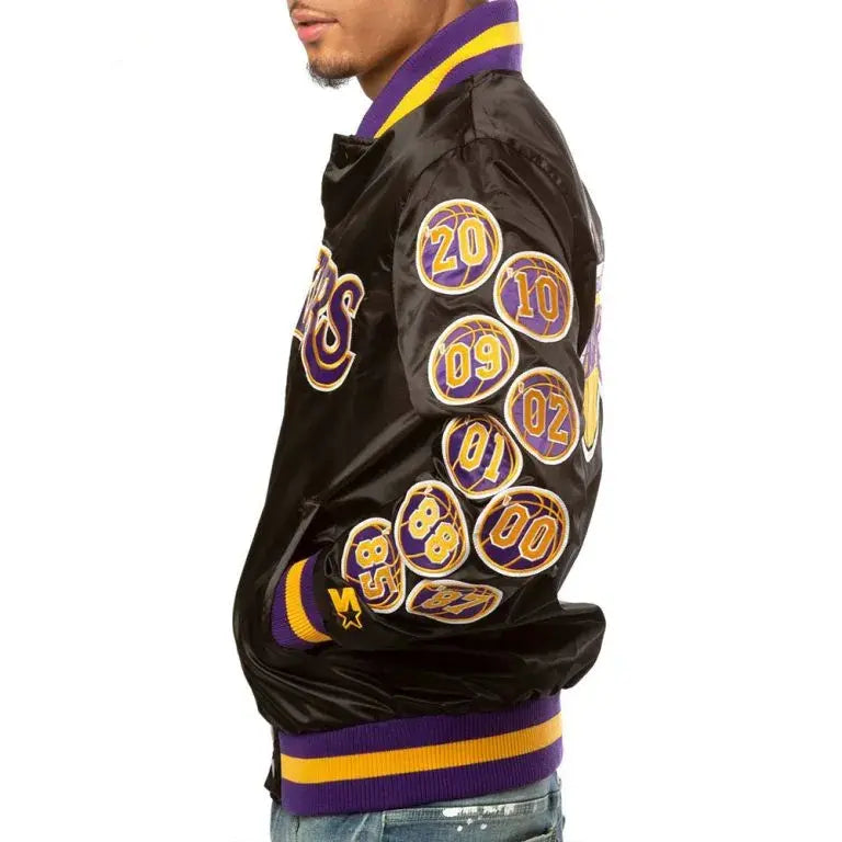 Los Angeles Lakers Champs 17 Patches Full-Snap Varsity Black Satin Men's Bomber Jacket