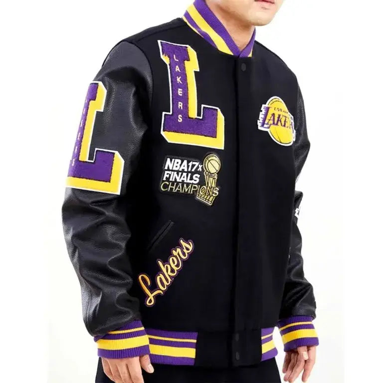 Los Angeles Lakers Mash Up Capsule Varsity Black Wool & Genuine Leather Sleeves Men's Bomber Jacket