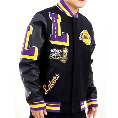 Los Angeles Lakers Mash Up Capsule Varsity Black Wool & Genuine Leather Sleeves Men's Bomber Jacket