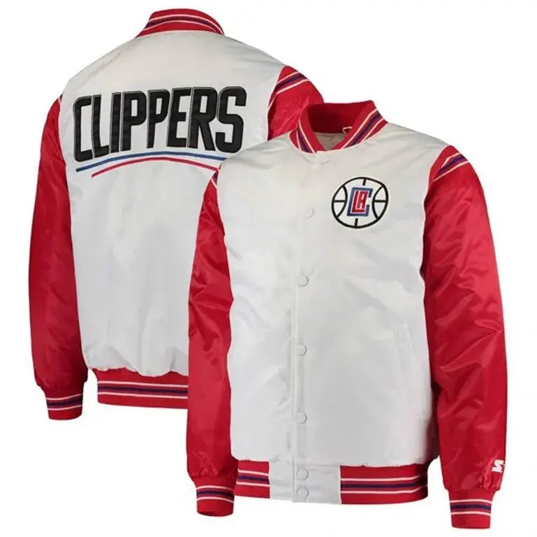 Los Angeles Clippers Full-Snap Varsity Red & White Satin Men's Bomber Jacket