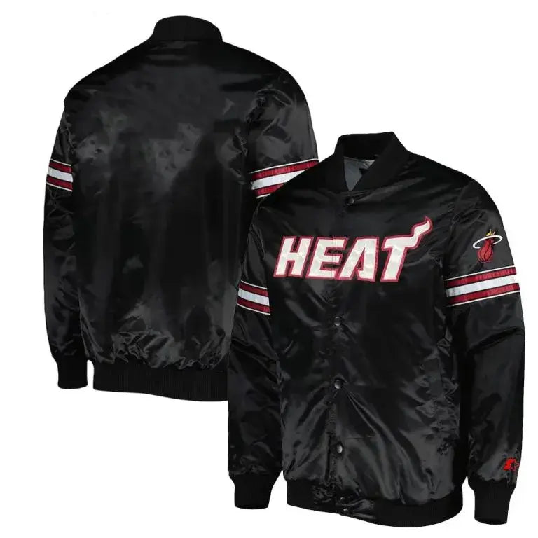 Miami Heat Pick & Roll Full-Snap Varsity Black Satin Men's Bomber Jacket