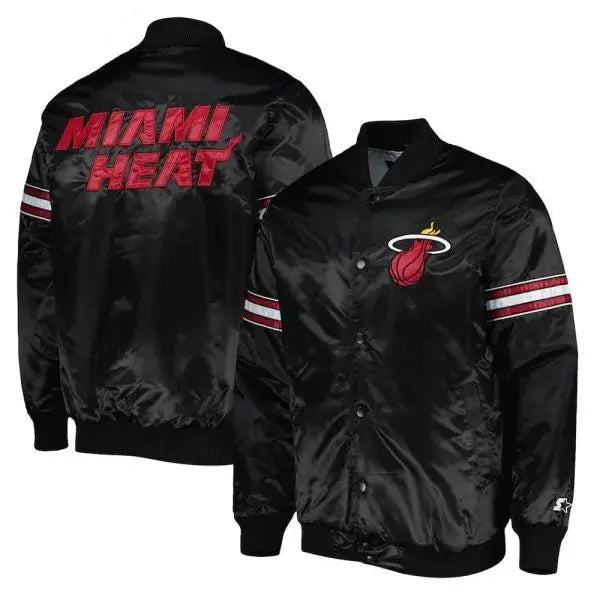 Miami Heat Pick & Roll Full-Snap Varsity Black Satin Men's Bomber Jacket