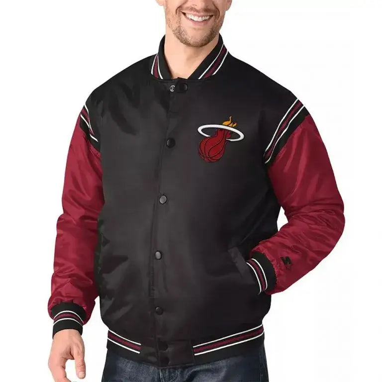 Miami Heat Tough Season Full-Snap Varsity Red and Black Satin Men's Bomber Jacket