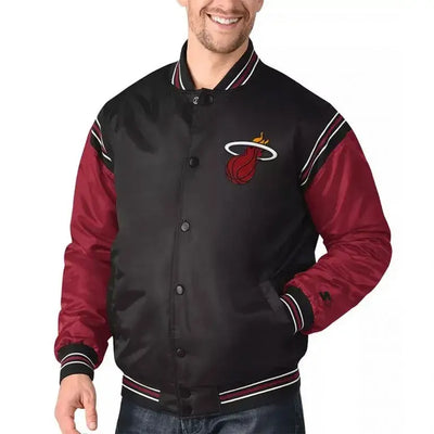 Miami Heat Tough Season Full-Snap Varsity Red and Black Satin Men's Bomber Jacket