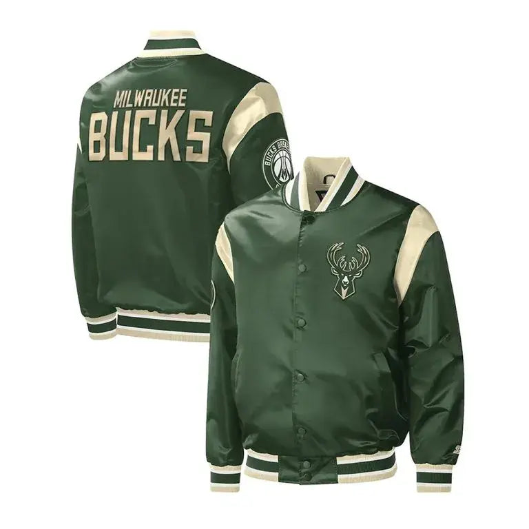 Milwaukee Bucks Force Play Full-Snap Varsity Green Satin Men's Bomber Jacket
