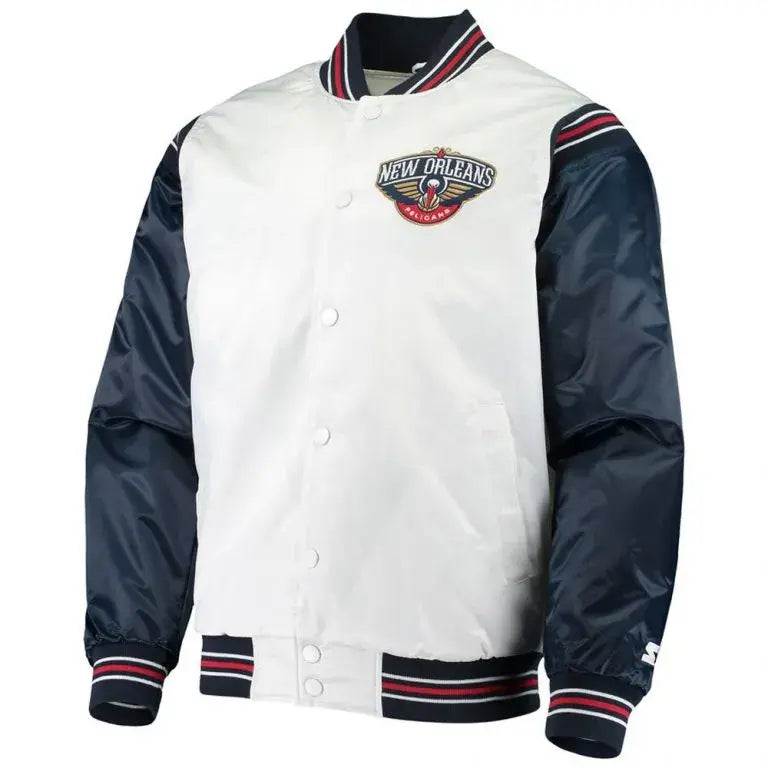 New Orleans Pelicans Full-Snap Varsity White and Navy Blue Satin Men's Bomber Jacket