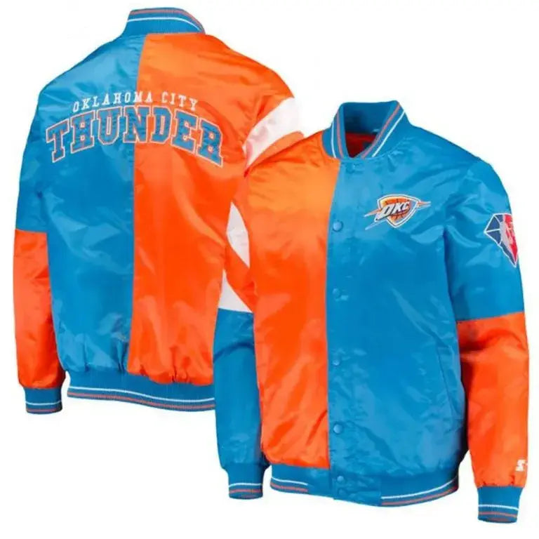 Oklahoma City Thunder Full-Snap Varsity Orange and Blue Satin Men's Bomber Jacket