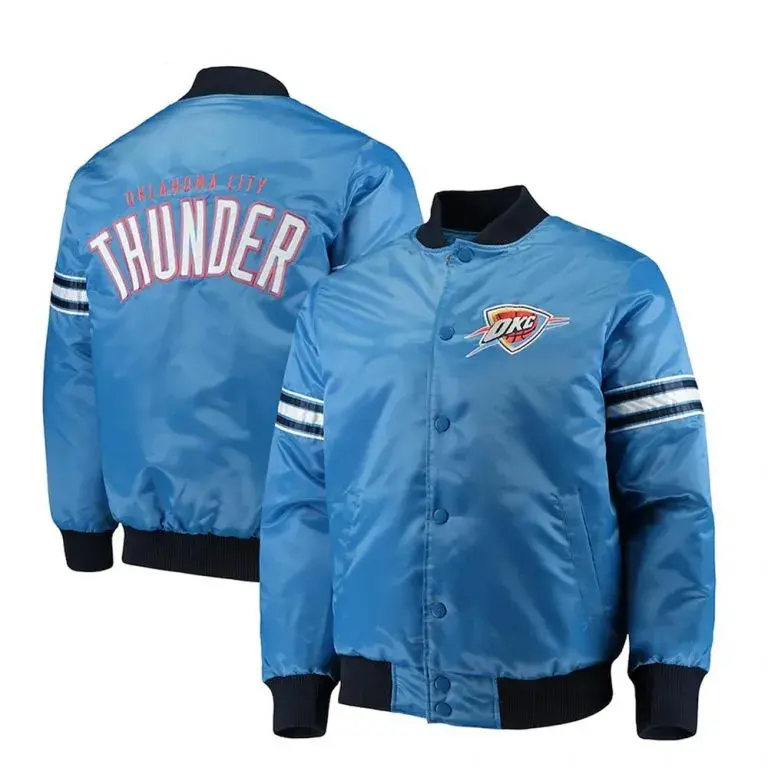 Oklahoma City Thunder Pick Full-Snap Varsity Blue Satin Men's Bomber Jacket
