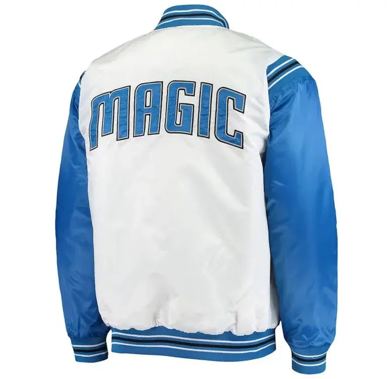 Orlando Magic Renegade Full-Snap Varsity White and Blue Satin Men's Bomber Jacket